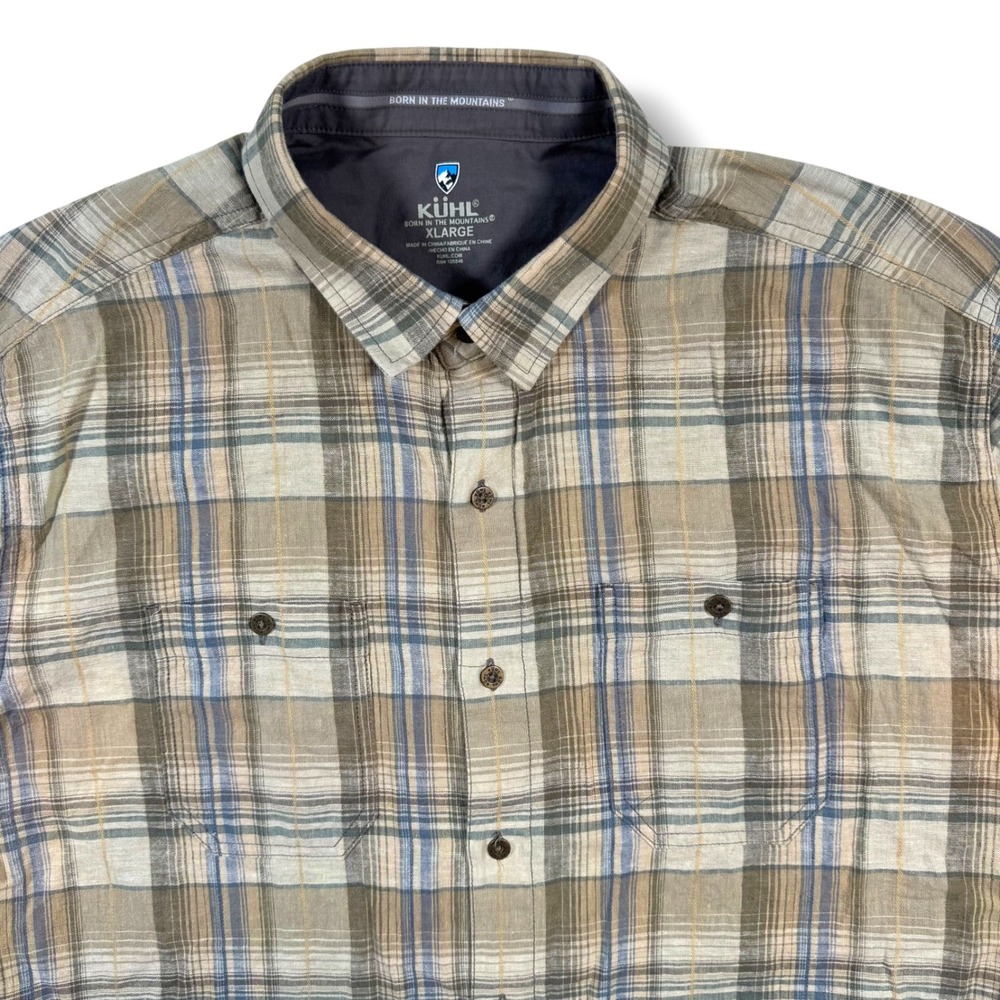 KUHL Button Down Shirt Mens XL Brown Plaid Linen Cotton Short Sleeve 7218
